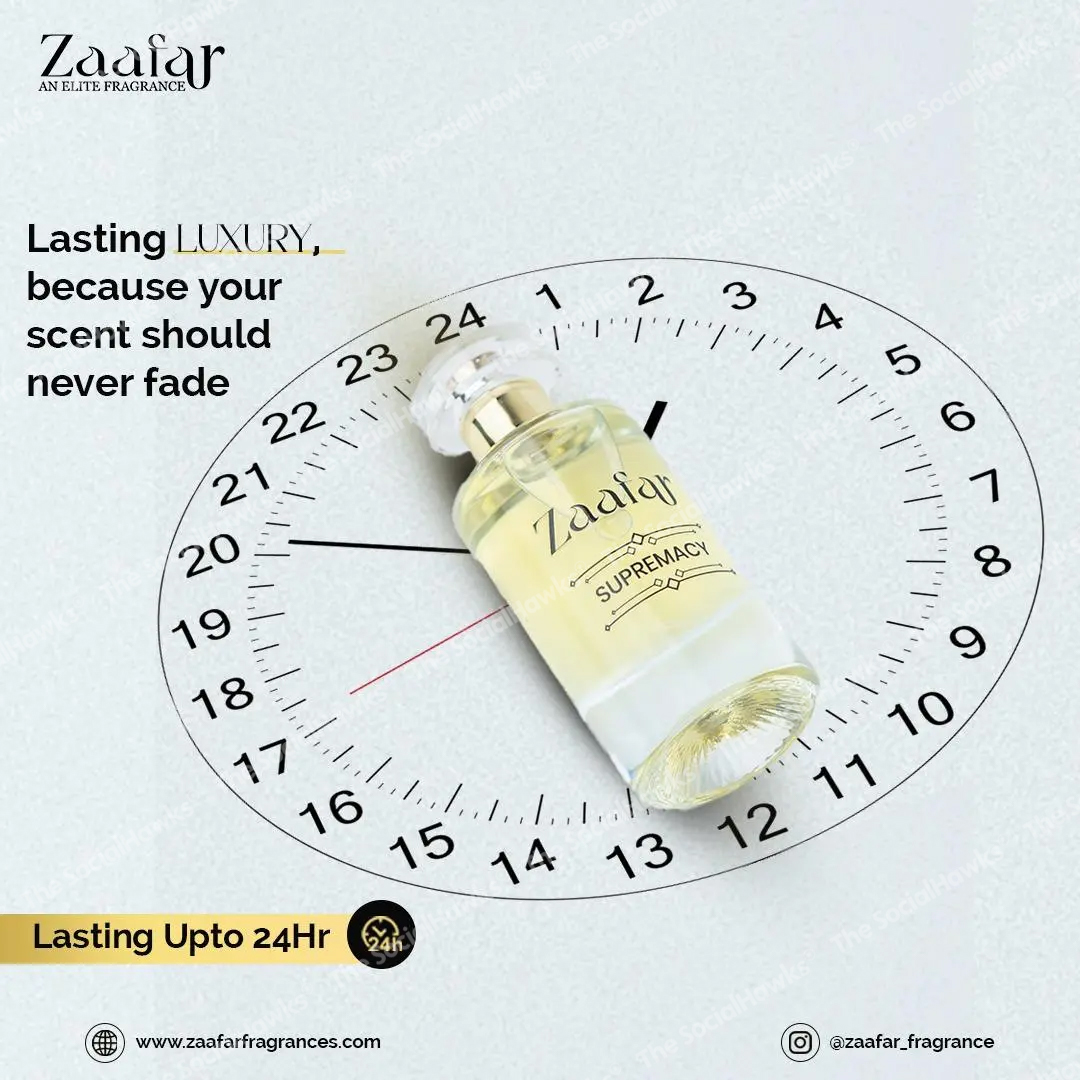 Zaafar Supremacy perfume with 24-hour clock showing lasting luxury fragrance